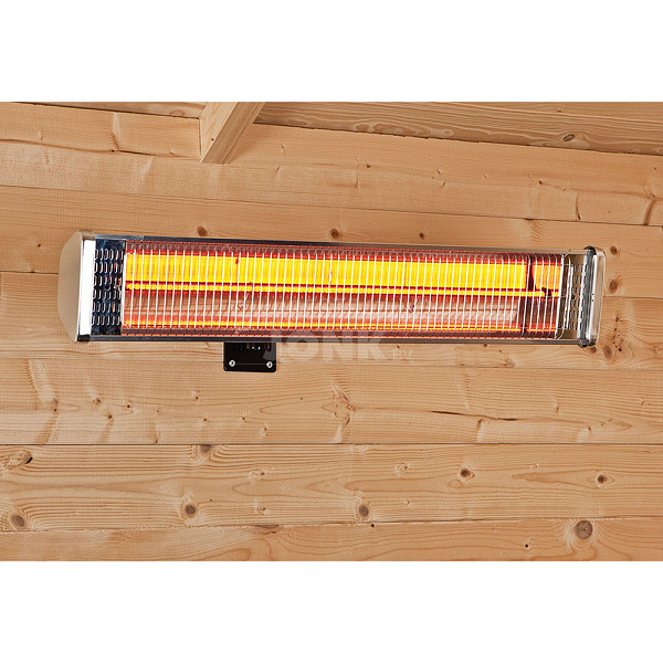 <h1><strong>Heater</strong></h1><p>Comfortabel buiten zitten, zelfs als het koud is. Een heater geeft warmte tijdens de koelere seizoenen en als het in de zomer 's avonds afkoelt. Met een heater kun je makkelijk je terras, patio of tuin verwarmen zodat je langer buiten kunt zitten.</p><h2>Productbeschrijving</h2><p>Materiaal: Aluminium</p><p>Montage: Wand</p><p>Toepasbaar: Binnen en buiten</p><p>Verwarmingselement: Halogeen/quartz verwarming</p><p>Diepte: 14 cm.</p><p>Breedte: 70 cm.</p><p>Voltage: 220V</p><p>Wattage: 1800W</p><p>Lichtvrij: Nee</p><p>Aantal standen: 1</p><p>Waterbestendig: Ja</p><p>Voorzien van timer: Nee</p><p>Bevestigingsmateriaal inbegrepen: Ja</p><p>Inbegrepen: Afstandsbediening en houder voor wandmontage</p><p>Extra informatie: De heater is waterbestending en kan zowel binnen als buiten gebruikt worden. 220-240V 1800W. Enkele verwarmingslamp. Stijlvol en hoogwaardig design van volledig gegoten aluminium. Halogeenquartz verwarmingselement</p><p> </p>