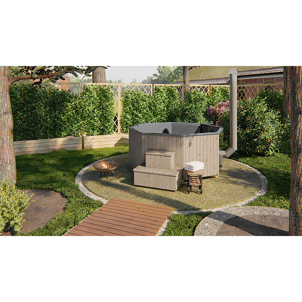 <h1><strong>Hottub</strong></h1><p>Een hottub is een bad voor meerdere personen dat gevuld wordt met warm water en vaak wordt gebruikt voor ontspanning en plezier.</p><p>Dit warme bad wordt met een interne of externe houtkachel opgestookt  De hottub heeft een ronde vorm en wordt meestal gemaakt van hout.</p><h2>Productbeschrijving</h2><p>Afwerking: Geschaafd</p><p>Behandeling: Thermisch gemodificeerd</p><p>Materiaal: Hout, polyester, rvs</p><p>Houtsoort: Vuren</p><p>Kachelmontage: Intern</p><p>Kacheltype: Houtgestookt</p><p>Kuipmateriaal: Polyester</p><p>Gewicht leeg: 390 kg.</p><p>Inhoud: 2400 liter</p><p>Diameter binnenzijde: Ø205 cm.</p><p>Diameter buitenzijde: Ø250 cm.</p><p>Hoogte binnenzijde: 100 cm.</p><p>Hoogte buitenzijde: 109 cm.</p><p>Dikte hout 18 mm.</p><p>Voorgemonteerd: Ja</p><p>Bevestigingsmateriaal inbegrepen: Ja</p><p>Inbegrepen: Thermocover, antraciete glasvezel binnenbak, rvs houtkachel, pijp, trap, rgb ledverlichting, bubbelsysteem, stereo en usb-aansluiting.</p><p>Extra informatie: De hottub Deluxe Octa met geïntegreerde oven is een hoogwaardige thuisspa van het formaat minizwembad, geschikt voor max. 10 personen, die tot in de details is afgewerkt, het hele jaar door bruikbaar is, gemakkelijk te onderhouden is en een breed scala aan accessoires heeft. Het unieke van de hottub ligt in het ruime achthoekige, en gemakkelijk te onderhouden interieur van glasvezel, de luxe thermische houten behuizing, en de geïntegreerde oven van hoogwaardig aisi 304 staal. Het kost minder tijd en hout om de hottub te verwarmen, zodat je sneller kunt genieten van de harmonie en aangename momenten.</p><p> </p><p>Thermisch modificeren is het resultaat van een milieubewust procedé waarbij uitsluitend verhitting gebruikt wordt om de eigenschappen van naaldhout te verbeteren. Dit resulteert in verhoogde bestandheid tegen vocht, grotere duurzaamheid (classificatie 2), betere vormvastheid en een lichtgewicht structuur. Het hout dien je na enige tijd te behandelen met een olie of beits.</p><p> </p><p>De voordelen van een geïsoleerde thermocover als afsluiting van de hottub:</p><ul>	<li> Een lagere opwarmtijd van het water van circa 2 tot 2,5 uur (afhankelijk van de buitentemperatuur).</li>	<li> Het water in de hottub blijft tot vijf keer langer warm</li>	<li> De inhoud van de hottub wordt beschermd tegen stof en vuil.</li>	<li> De cover is gemaakt van weer- en UV-bestendig materiaal en bestand tegen zeewater en chloor, waardoor de kleur langer mooi blijft.</li>	<li> Het materiaal is schimmelbestendig en nauwelijks ontbrandbaar.</li></ul>