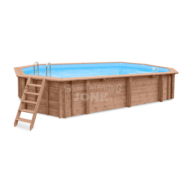 <h1><strong>Zwembaden</strong></h1><p>De zwembaden zijn vervaardigd van onder druk geïmpregneerd Noord Europees grenenhout. Deze zijn duurzaam en leverbaar in diverse afmetingen waardoor ze in bijna elke tuin voor jarenlange waterpret zorgen. Je kunt de zwembaden uitbreiden met verschillende accessoires. Alle modellen zijn eenvoudig op te bouwen met behulp van de bijgeleverde montage-instructie.</p><h2>Doe-het-zelfpakket</h2><ul>	<li>Houten ombouw</li>	<li>Geotextiel, comfortabele, isolerende (onzichtbare) onderlaag.</li>	<li>PVC liner (zichtbare binnenbekleding) met bevestigingen en een linerlock.</li>	<li>Skimmer en inlaat (zorgen ervoor dat het zwembad schoon blijft).</li>	<li>RVS en houten trap</li>	<li>Pomp</li>	<li>Zandfilter met bovenklep</li>	<li>Filterzand</li>	<li>Set buizen en hulpstukken voor pomp- en filtermontage</li>	<li>Montage-instructies</li></ul><h2>Zwembad inbouwen</h2><p>Het zwembad kan volledig in de grond worden geplaatst. In dat geval moet je de ombouw van het zwembad extra beschermen. Alvorens de constructie te installeren, raden wij aan alle onderdelen met olie of houtolie te behandelen. Het gat in de grond moet iets groter zijn dan de afmetingen van het zwembad, zodat een stabiele vlakke en stevige ondergrond kan worden gerealiseerd. De isolatie en de behandeling van de ombouw moeten worden uitgevoerd volgens de bijgeleverde documentatie van het zwembad.</p><h2>Productbeschrijving</h2><p>Materiaal: Hout</p><p>Kuipmateriaal: Polyester</p><p>Diepte: 396 cm.</p><p>Breedte: 727 cm.</p><p>Hoogte: 138 cm.</p><p>Inhoud: 25,45 m³</p><p>Garantie: Ja</p><p>Inbegrepen: Geleverd als doe-het-zelfpakket inclusief houten ombouw zwembad, pvc liner met bevestigingen en een linerlock, geotextiel grond en muren, een skimmer en inlaat, rvs ladder 3 of 4 treden met geflensde ankerconverters en schroeven voor montage, pomp- en zandfilter met bovenklep, filterzand, set buizen en hulpstukken voor pomp- en filtermontage en montage-instructies.</p><p>Extra informatie: Vervaardigd van onder druk geïmpregneerd Noord-Europees grenenhout. Houtdikte ombouw 45x145 mm.</p>