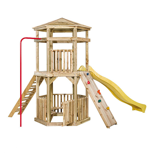 Het speeltoestel Crazy Climber zit boordevol leuke attributen om kinderen uren speelplezier te geven!  Het toestel word geleverd met klimwand met klimstenen, brandweerpaal, trap, knopentouw en zeskantig zitgedeelte.