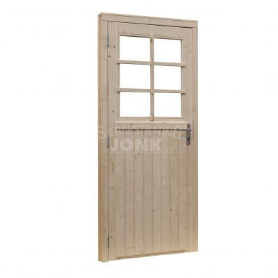 <p>Vuren deur zijn geschikt voor alle blokhutten met een plankdikte van 28mm of dikker.<p><p>Deuren worden afgeleverd inclusief kozijn, afdekplint, deurbeslag en echt glas.<p>