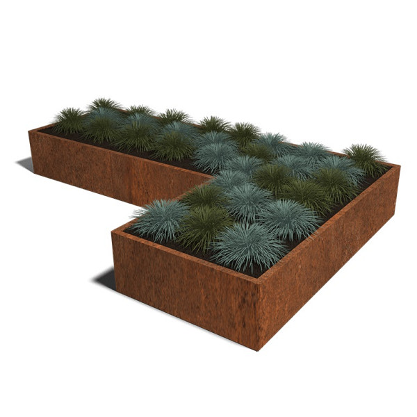 Cortenstaal L-vormige plantenbak Kansas 100, 300x200x100 met bodemplaat