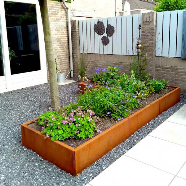 Cortenstaal L-vormige plantenbak Kansas 100, 300x200x100 cm met bodemplaat