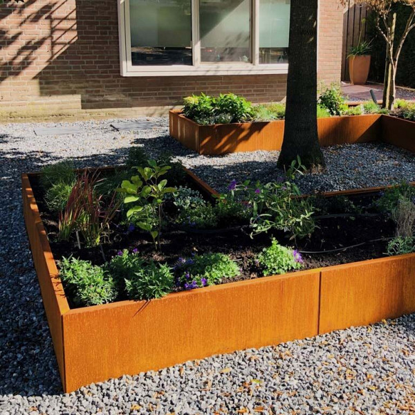 Cortenstaal L-vormige plantenbak Kansas 120, 360x240x40 cm met bodemplaat