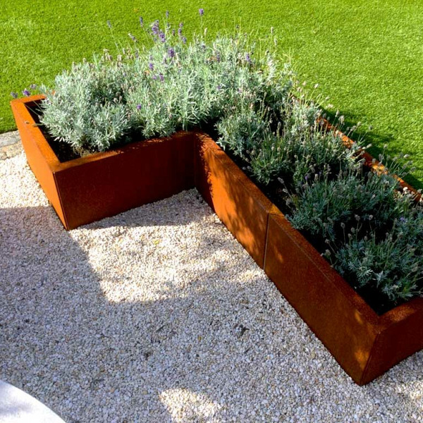 Cortenstaal L-vormige plantenbak Kansas 50, 150x100x60 cm met bodemplaat