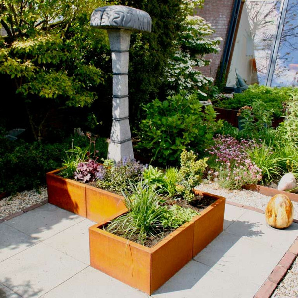 Cortenstaal L-vormige plantenbak Kansas 50, 150x100x60 cm met bodemplaat