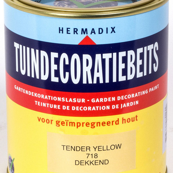 <p>Hermadix Tuindecoratiebeits is speciaal ontwikkeld voor nieuw en oud geïmpregneerd tuinhout, zoals: schuttingen, speeltoestellen, borders, pergola en geïmpregneerde blokhutten. Nieuw geïmpregneerd tuinhout heeft een fabrieksmatige behandeling ondergaan. De speciale samenstelling van Tuindecoratiebeits is naadloos afgestemd op deze behandeling. Hierdoor kunt u uw tuinhout makkelijke en snel beitsen. Bij onderhoudslagen hoeft niet geschuurd te worden. Tender yellow is een matglanzende dekkende kleur en geeft een jarenlange bescherming en sfeervolle uitstraling. Tuindecoratiebeits is makkelijk te verwerken en sneldrogend. Een Environment o.k. product, dus mens- en milieuvriendelijk. (ook geschikt voor steigerhout)</p>