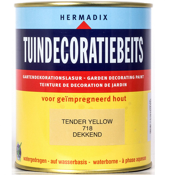 <p>Hermadix Tuindecoratiebeits is speciaal ontwikkeld voor nieuw en oud geïmpregneerd tuinhout, zoals: schuttingen, speeltoestellen, borders, pergola en geïmpregneerde blokhutten. Nieuw geïmpregneerd tuinhout heeft een fabrieksmatige behandeling ondergaan. De speciale samenstelling van Tuindecoratiebeits is naadloos afgestemd op deze behandeling. Hierdoor kunt u uw tuinhout makkelijke en snel beitsen. Bij onderhoudslagen hoeft niet geschuurd te worden. Tender yellow is een matglanzende dekkende kleur en geeft een jarenlange bescherming en sfeervolle uitstraling. Tuindecoratiebeits is makkelijk te verwerken en sneldrogend. Een Environment o.k. product, dus mens- en milieuvriendelijk. (ook geschikt voor steigerhout)</p>