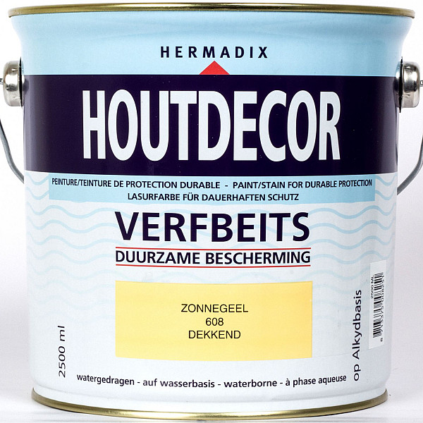 <p>Hermadix Houtdecor verfbeits is een universele verfbeits voor al uw houten objecten aan en rond het huis. Kozijnen, deuren, blokhutten, schuttingen verfraait en beschermt u zonder een grondverf te hoeven gebruiken. Houtdecor verfbeits is een dekkende zijdeglans watergedragen alkyd verfbeits. Door deze unieke samenstelling kan Houtdecor verfbeits zonnegeel over bestaande verflagen en wordt afbladderen voorkomen. Een Environment o.k. product, dus duurzame bescherming, makkelijk verwerkbaar, geen nare verflucht en snel droog.</p>