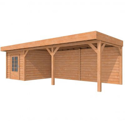 <h1><strong>JWOODS Buitenverblijf 1000x370cm incl. berging 200(b), Fijnbezaagd zweeds rabat blank</strong></h1><p>Voor een voordelige prijs een prachtige overkapping in je tuin plaatsen? Dat kan met een JWOODS Buitenverblijf, een goedkope terrasoverkapping, samengesteld als ‘doe het zelf bouwpakket’. Het grote voordeel van het JWOODS concept zit hem in de prijs, welke een stuk voordeliger is in vergelijking met een prefab pakket. Uit onze voorraad tuintimmerhout stellen we een bouwpakket samen uit de beste naaldhoutsoorten, zoals Lariks, Douglashout en Redwood. Bij aanschaf wordt je uiteraard voorzien van een duidelijke opbouwinstructie.  </p><h2><strong>Doe het zelf bouwpakket</strong></h2><p>Het doe het zelf pakket wordt compleet geleverd inclusief dakbedekking, stadsuitloop, bevestigingsmaterialen etc. Wil je exact weten waar het pakket uit bestaat? Scroll dan naar beneden voor de complete materialenlijst. Optioneel kunnen de 12x12x300 cm palen tegen meerprijs worden vervangen voor 15x15x300 cm (bij een fijnbezaagd model) of 14x14x300 cm (bij een geschaafd model).<br />Betonpoeren, daktrimmen, een hemelwater afvoerset, een dakverankeringset en ventilatieroosters zijn optioneel en kunnen besteld worden bij de extra opties.</p><h2><strong>Fundering Overkapping</strong></h2><p>Voor een solide constructie monteer je de palen op betonpoeren. Rondom de poeren stort je (snel)beton. De getoonde maten zijn de funderingsmaten. Het dak overstek is standaard 30 cm diep en 5 cm in de breedte. Betonpoeren zijn in verschillende uitvoeringen verkrijgbaar. Wij raden de betonpoer de luxe 18x18x50 van harte aan.</p><h2><strong>Overkapping van Lariks Douglashout en Redwood</strong></h2><p>Een JWOODS Buitenverblijf wordt samengesteld uit Douglashout en Redwood hout.<br /><br />Douglas/Lariks is een prachtig duurzaam materiaal. Het heeft een mooie rood/oranje gevlamde kleur. Binnen het assortiment kan je kiezen uit "geschaafd" of "fijnbezaagd" douglas hout. Geschaafde materialen hebben een zacht en glad oppervlak. De geschaafde materialen zijn zeer maatvast door het drogen van het hout. Door uitdroging van Douglas hout is er wel kans op scheurvorming in palen of planken, dit doet echter niets af aan de kwaliteit van het hout. De fijnbezaagde materialen zijn wat ruwer aan oppervlak en de kopkanten kunnen wat splinterig zijn. Fijnbezaagd hout word vers gezaagd en kan na indrogen wat minder maatvast zijn. Ook kan er op fijnbezaagd materiaal schimmelvorming ontstaan.</p><p>JWOODS RedWood is een PEFC/FSC gekeurd, geïmpregneerd naaldhoutproduct met een warme, roodroze uitstraling. RedWood heeft dezelfde warme, authentieke uitstraling als douglashout én het behoudt lang zijn kleur. Het is daarmee een prachtig alternatief voor Douglashout.</p><h2><strong>Dakbedekking</strong></h2><p>Een JWOODS Buitenverblijf wordt geleverd <strong>inclusief</strong> dakbedekking voor het platte dak. Het EPDM rubberfolie wordt compleet op maat aangeleverd met EPDM lijm. Voor de afvoer van het hemelwater wordt een vierkante stadsuitloop meegeleverd.</p><p>Voor de afwerking van de dakranden en het EPDM zijn optioneel daktrimmen te bestellen.</p><h2><strong>Onderhoud Overkapping</strong></h2><p>Een JWOODS Buitenverblijf behoeft weinig onderhoud. Echter raden wij aan om het hout te behandelen met de producten van Hermadix. Voordelen:</p><ul>	<li>​​​​​​​Verlengt de levensduur van het hout</li>	<li>Beschermt het hout tegen krimpen, zwellen, kromtrekken en scheuren door uitdroging en vocht</li>	<li>Behoudt de mooie kleur en gaat het natuurlijke vergrijzingsproces tegen</li>	<li>Beschermt u het hout tegen UV-straling, vocht, schimmels en houtrot</li></ul><p>Zit jouw ideale terrasoverkapping niet bij de collectie? Neem gerust contact op, we helpen je graag verder.</p>