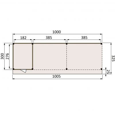 <h1><strong>JWOODS Buitenverblijf 1000x300cm incl. berging 200(b), Fijnbezaagd zweeds rabat blank</strong></h1><p>Voor een voordelige prijs een prachtige overkapping in je tuin plaatsen? Dat kan met een JWOODS Buitenverblijf, een goedkope terrasoverkapping, samengesteld als ‘doe het zelf bouwpakket’. Het grote voordeel van het JWOODS concept zit hem in de prijs, welke een stuk voordeliger is in vergelijking met een prefab pakket. Uit onze voorraad tuintimmerhout stellen we een bouwpakket samen uit de beste naaldhoutsoorten, zoals Lariks, Douglashout en Redwood. Bij aanschaf wordt je uiteraard voorzien van een duidelijke opbouwinstructie.  </p><h2><strong>Doe het zelf bouwpakket</strong></h2><p>Het doe het zelf pakket wordt compleet geleverd inclusief dakbedekking, stadsuitloop, bevestigingsmaterialen etc. Wil je exact weten waar het pakket uit bestaat? Scroll dan naar beneden voor de complete materialenlijst. Optioneel kunnen de 12x12x300 cm palen tegen meerprijs worden vervangen voor 15x15x300 cm (bij een fijnbezaagd model) of 14x14x300 cm (bij een geschaafd model).<br />Betonpoeren, daktrimmen, een hemelwater afvoerset, een dakverankeringset en ventilatieroosters zijn optioneel en kunnen besteld worden bij de extra opties.</p><h2><strong>Fundering Overkapping</strong></h2><p>Voor een solide constructie monteer je de palen op betonpoeren. Rondom de poeren stort je (snel)beton. De getoonde maten zijn de funderingsmaten. Het dak overstek is standaard 30 cm diep en 5 cm in de breedte. Betonpoeren zijn in verschillende uitvoeringen verkrijgbaar. Wij raden de betonpoer de luxe 18x18x50 van harte aan.</p><h2><strong>Overkapping van Lariks Douglashout en Redwood</strong></h2><p>Een JWOODS Buitenverblijf wordt samengesteld uit Douglashout en Redwood hout.<br /><br />Douglas/Lariks is een prachtig duurzaam materiaal. Het heeft een mooie rood/oranje gevlamde kleur. Binnen het assortiment kan je kiezen uit "geschaafd" of "fijnbezaagd" douglas hout. Geschaafde materialen hebben een zacht en glad oppervlak. De geschaafde materialen zijn zeer maatvast door het drogen van het hout. Door uitdroging van Douglas hout is er wel kans op scheurvorming in palen of planken, dit doet echter niets af aan de kwaliteit van het hout. De fijnbezaagde materialen zijn wat ruwer aan oppervlak en de kopkanten kunnen wat splinterig zijn. Fijnbezaagd hout word vers gezaagd en kan na indrogen wat minder maatvast zijn. Ook kan er op fijnbezaagd materiaal schimmelvorming ontstaan.</p><p>JWOODS RedWood is een PEFC/FSC gekeurd, geïmpregneerd naaldhoutproduct met een warme, roodroze uitstraling. RedWood heeft dezelfde warme, authentieke uitstraling als douglashout én het behoudt lang zijn kleur. Het is daarmee een prachtig alternatief voor Douglashout.</p><h2><strong>Dakbedekking</strong></h2><p>Een JWOODS Buitenverblijf wordt geleverd <strong>inclusief</strong> dakbedekking voor het platte dak. Het EPDM rubberfolie wordt compleet op maat aangeleverd met EPDM lijm. Voor de afvoer van het hemelwater wordt een vierkante stadsuitloop meegeleverd.</p><p>Voor de afwerking van de dakranden en het EPDM zijn optioneel daktrimmen te bestellen.</p><h2><strong>Onderhoud Overkapping</strong></h2><p>Een JWOODS Buitenverblijf behoeft weinig onderhoud. Echter raden wij aan om het hout te behandelen met de producten van Hermadix. Voordelen:</p><ul>	<li>​​​​​​​Verlengt de levensduur van het hout</li>	<li>Beschermt het hout tegen krimpen, zwellen, kromtrekken en scheuren door uitdroging en vocht</li>	<li>Behoudt de mooie kleur en gaat het natuurlijke vergrijzingsproces tegen</li>	<li>Beschermt u het hout tegen UV-straling, vocht, schimmels en houtrot</li></ul><p>Zit jouw ideale terrasoverkapping niet bij de collectie? Neem gerust contact op, we helpen je graag verder.</p>