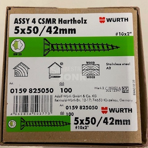 Wurth schroef eco assy 4 RVS a2 hardhout 5x50/42