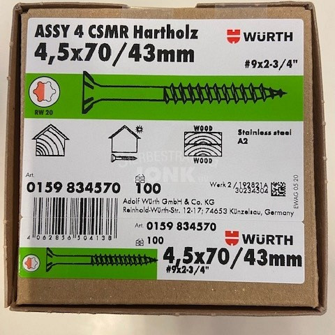 Wurth schroef eco ass 4 RVS a2 hardhout 4,5x70/43