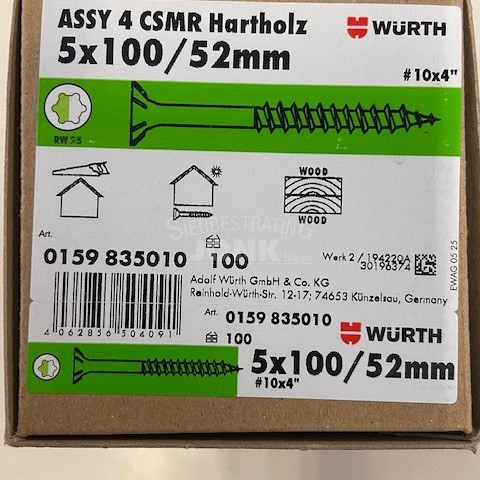 Wurth schroef eco assy 4 RVS a2 hardhout 5,0x100/60
