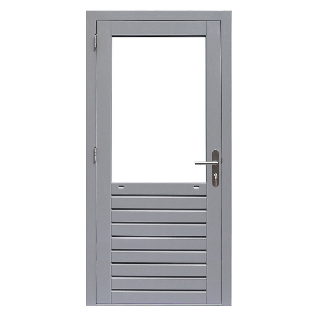 Hardhouten enkele 1-ruits deur Prestige met dubbelglas, 109 x 221 cm., rechtsdraaiend, grijs gegrond
