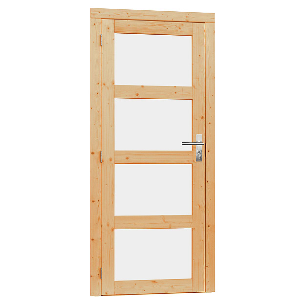 Vuren enkele 4-ruits deur incl. kozijn 90 x 201 cm. rechtsdraaiend, onbehandeld