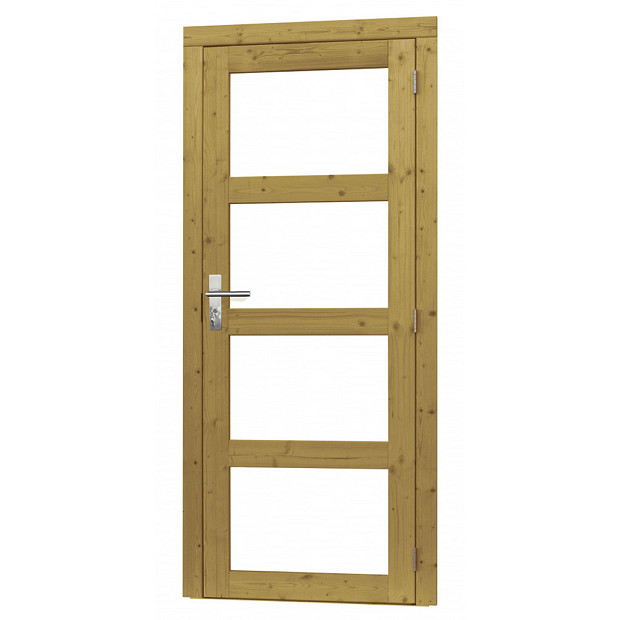 Vuren enkele 4-ruits deur incl. kozijn 90 x 201 cm. rechtsdraaiend, groen geïmpregneerd