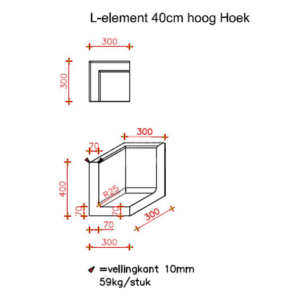 L-Hoekelement 30x30x40 cm (L x Voet x H) Grijs