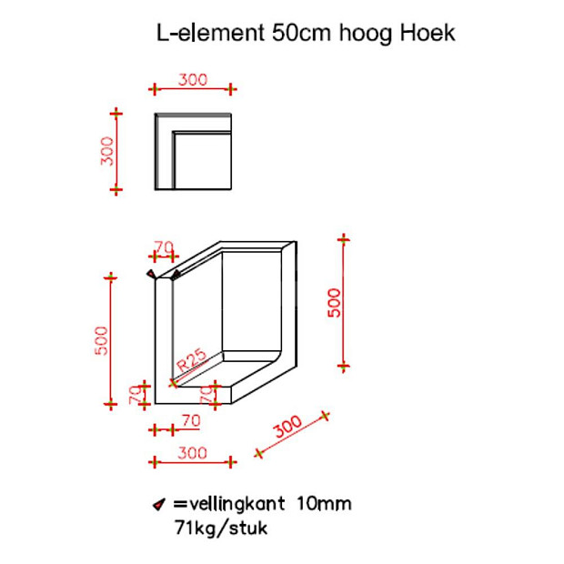 L-Hoekelement 30x30x50 cm (L x Voet x H) Grijs
