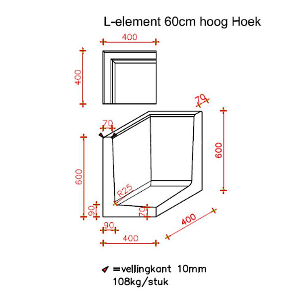 L-Hoekelement 40x40x60 cm (L x Voet x H) Grijs