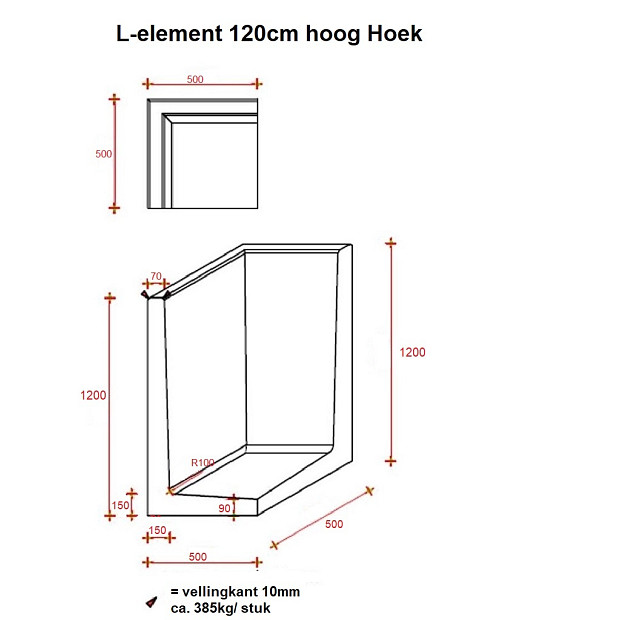 L-Hoekelement 50x50x120 cm (L x Voet x H) Grijs