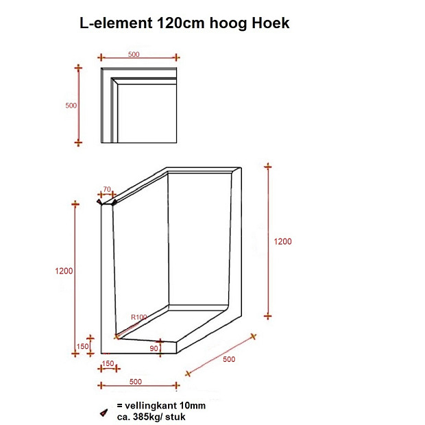 L-Hoekelement 50x50x120 cm (L x Voet x H) Roestbruin