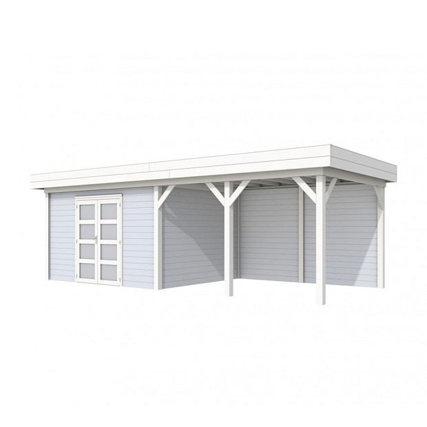 Vuren Topvision tuinhuis Parelhoen, 400 x 300 cm. en luifel 400 cm., lichtgrijs / wit gespoten