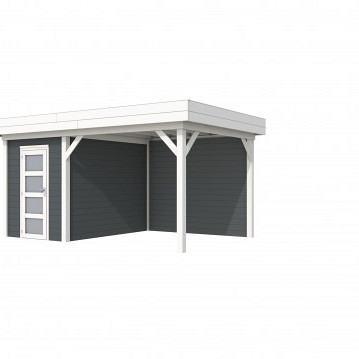Vuren Topvision tuinhuis Kiekendief, 200 x 300 cm., en luifel 300 cm., antraciet / wit gespoten
