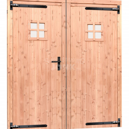 Douglas dubbele deur met zwart beslag, 168 x 201 cm., kleurloos geïmpregneerd