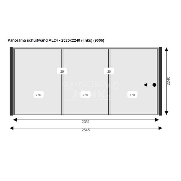 Glazen Schuifwand 232,5(B)x224(H) cm tbv voorzijde Buitenverblijf 700x300/370 cm met berging 200 cm (let op! 2x nodig)