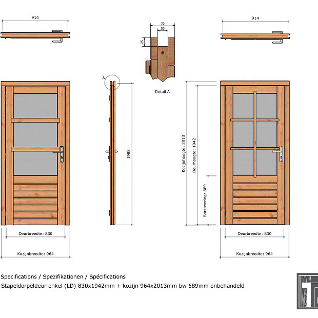 Douglas enkele deur 3-ruits 83x194,2 cm met kozijn onbehandeld linksdraaiend (Incl. Hang en Sluitwer