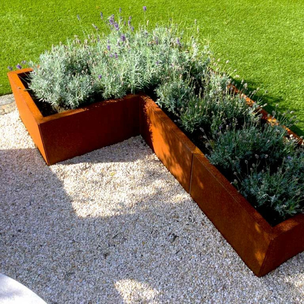 Cortenstaal L-vormige plantenbak Kansas 50, 150x100x60 cm met bodemplaat