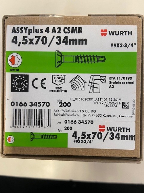 Wurth Spaanplaatschroef boorpunt Assy Plus RVS 4,5x70/34