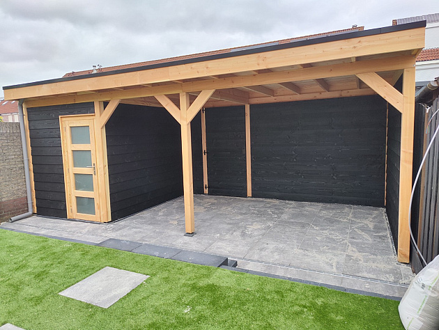 JWOODS Buitenverblijf 700x300cm incl. berging 200(b), Fijnbezaagd zweeds rabat zwart