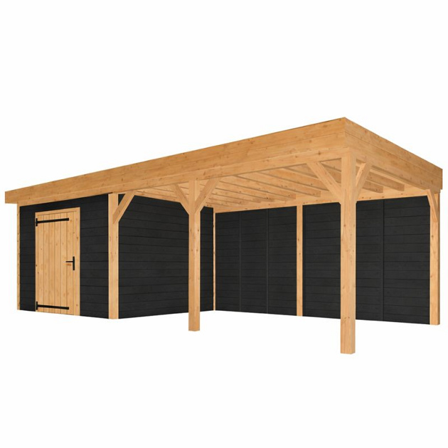 JWOODS Buitenverblijf 700x370cm incl. berging 200(b), Fijnbezaagd zweeds rabat zwart