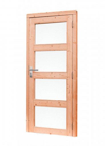 Douglas 4-ruits deur inclusief kozijn, 90 x 201 cm., rechtsdraaiend, onbehandeld