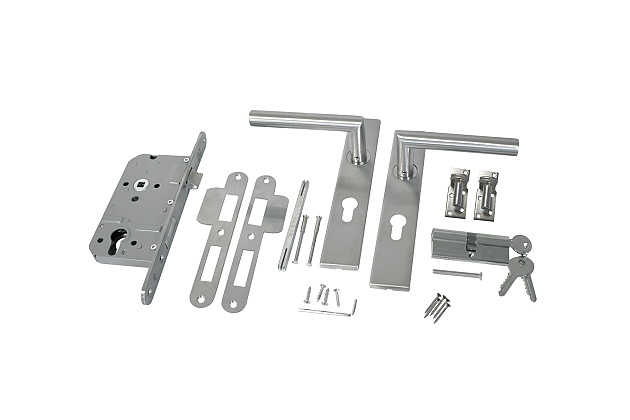 RVS luxe deurbeslagset. SKG keurmerk met slotkast, cilinder en slot. Incl. duimen