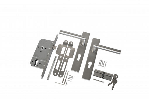 RVS luxe deurbeslagset. SKG keurmerk met slotkast, cilinder en slot. Incl. duimen