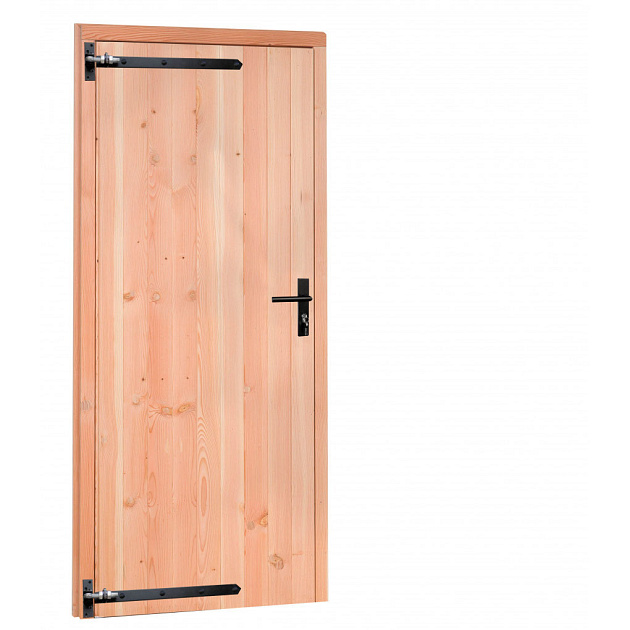 Douglas enkele dichte deur incl. kozijn met zwart beslag, 90 x 201 cm., rechtsdraaiend,  onbehandeld