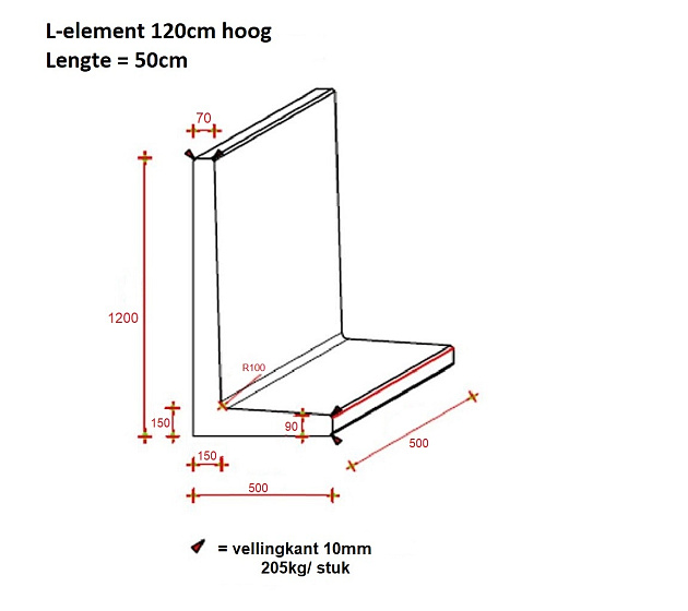 L-Element Honderdtwintig 50x50x120 cm (L x Voet x H) Grijs