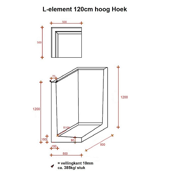 L-Hoekelement 50x50x120 cm (L x Voet x H) Roestbruin