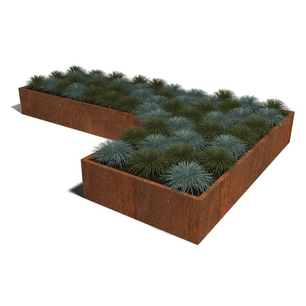 Cortenstaal L-vormige plantenbak Kansas 120, 360x240x40 cm met bodemplaat