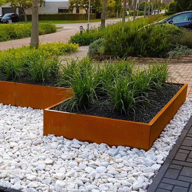 Cortenstaal L-vormige plantenbak Kansas 120, 360x240x60 cm met bodemplaat