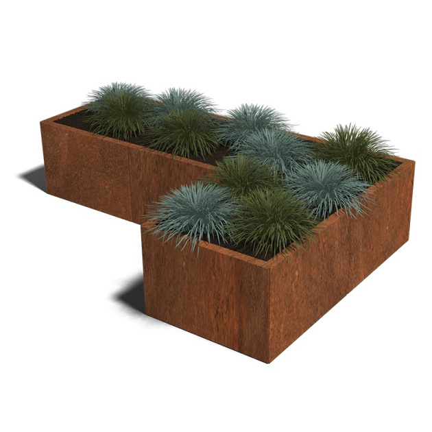 Cortenstaal L-vormige plantenbak Kansas 60, 180x120x60 cm met bodemplaat