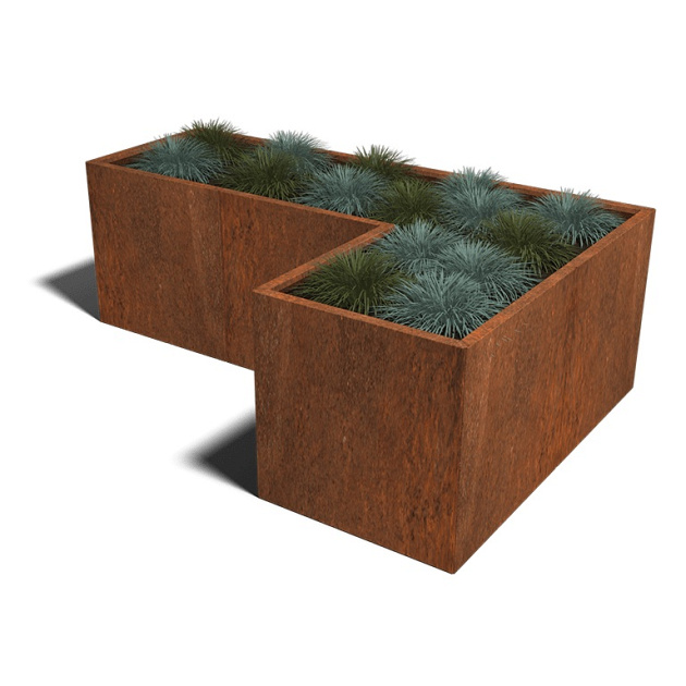 Cortenstaal L-vormige plantenbak Kansas 70, 210x140x70 cm met bodemplaat