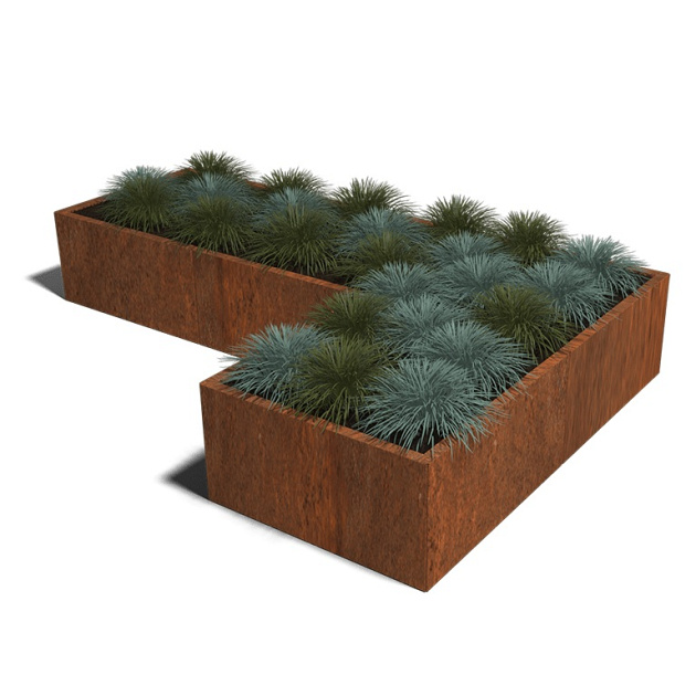 Cortenstaal L-vormige plantenbak Kansas 80, 240x160x80 cm met bodemplaat