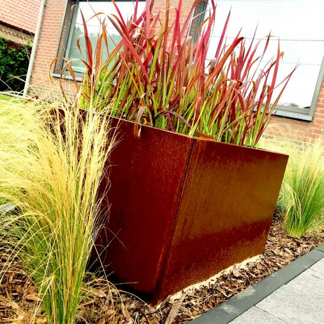 Cortenstaal vierkante plantenbak Miami 60x60x30 cm met bodemplaat + 4 wielen