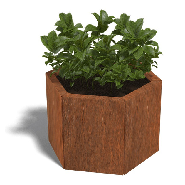 Cortenstaal zeshoekige plantenbak Denver 30, 59,3x52x30 cm met bodemplaat + 6 wielen