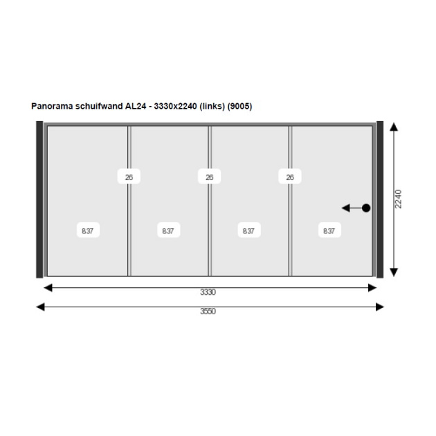 Glazen Schuifwand 333(B)x224(H) cm tbv voorzijde Buitenverblijf 900x300/370 cm met berging 200 cm (l