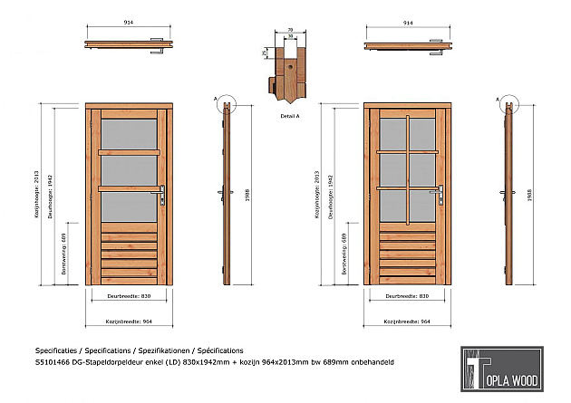 Douglas enkele deur 3-ruits 83x194,2 cm met kozijn onbehandeld linksdraaiend (Incl. Hang en Sluitwer